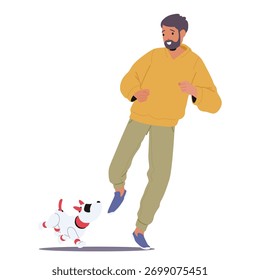 Man running with robotic dog together enjoying outdoor activities with lovely mechanical pet isolated on white. Futuristic companionship and fun time with new friend AI animal vector illustration