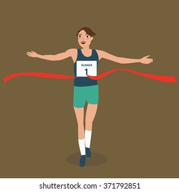 man running runner athlete finish crossing red ribbon line winner victory success