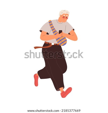 Man running, rushing on urgent business. Busy person is late, hurrying. Hectic male character moving with phone. Time limit, pressure concept. Flat vector illustration isolated on white background
