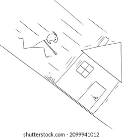 Hombre corriendo para salvar su casa moviéndose cuesta abajo, concepto hipotecario o préstamo, figura vectorial de caricatura o ilustración de personaje.