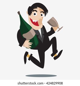 man running seem in hurry hold a bottle of wine and glass