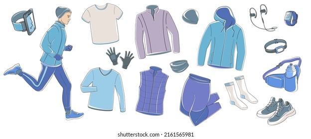 man running and set elements about jogging in winter time, sportswear, stopwatch, sneakers, tracker, water bottle, headphones, winter hat, gloves.Linear vector with colour shapes