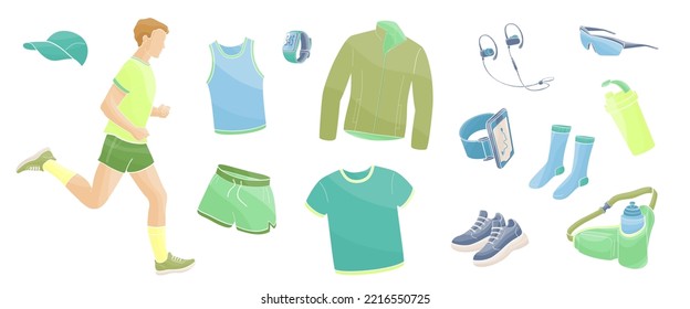 man running and set elements about jogging in summer time, sportswear, stopwatch, sneakers, tracker, water bottle, headphones, sunglasses, cap, vector color illustration
