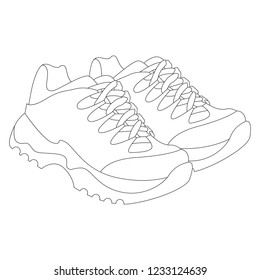 Man Running Shoes colorless cartoon. Outlined illustration with thin line black stroke