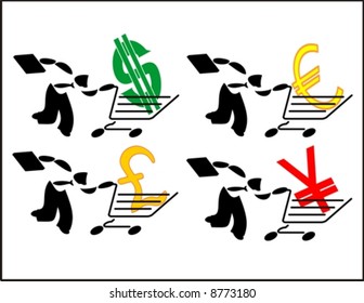 man running with shopping cart filled with money sign (Set of four)