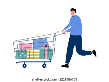 Man running with shopping cart in flat design on white background.