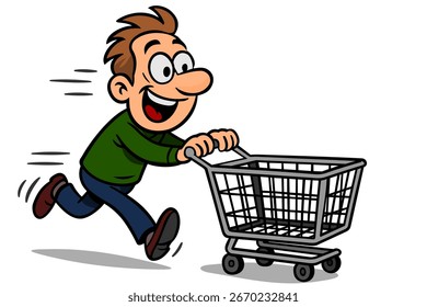 Hombre corriendo con un Carrito de compras, gráficos de Vector.