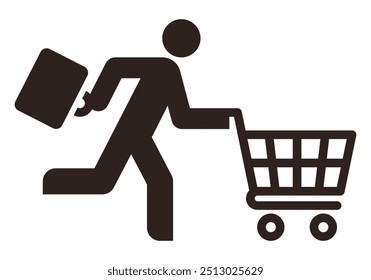 Homem correndo com carrinho de compras. Compras, compras ativas e gastos. Conceito de gerenciamento de tempo isolado em fundo branco