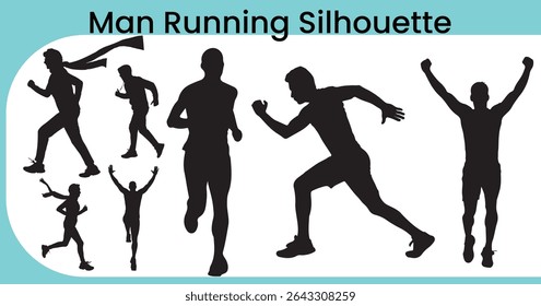 Man Running Silhouette, Silhouette of Male Runner in Action, Running Man Silhouettes, man, running, silhouette, jog, sprint, athlete, fitness, motion, speed, workout, exercise, track, race