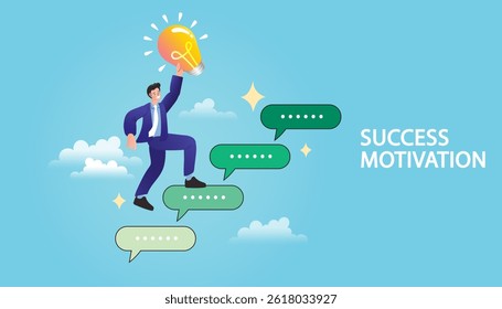 Man running up speech bubbles stairs. young worker guy working startup marketing achieve goals. Conversation or business discussion, meeting. Concept business communication Vector illustration.