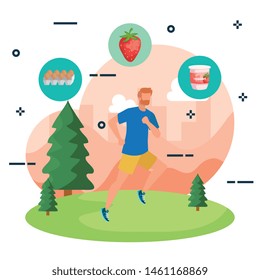 man running sport with eggs and strawberry with yogurt