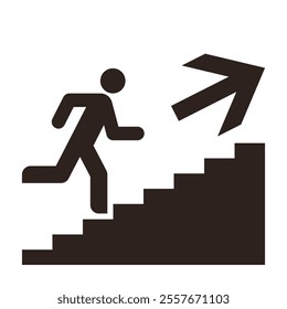 Man running up stairs with direction arrow. Escape help evacuation icon isolated on white background