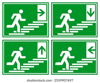 Man running up stairs and exit door sign set. Exit way icons. Emergency exit. Safety symbols. Escape help evacuation sign set.