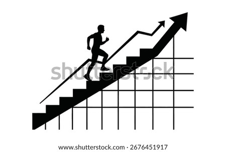A man running up stairs on a graph, symbolizing career advancement and success. The upward trend represents progress towards goals, set against a clean white background.