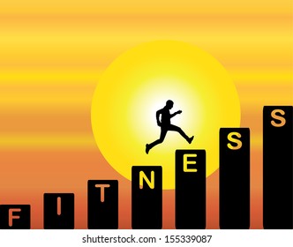 A Man running up the stairs which are with the text fitness with a bright orange evening sky with big yellow sun at sunrise or sunset in the background