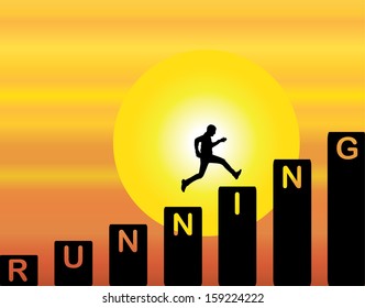 A Man running up the stairs which are with the text running with a bright orange evening sky with big yellow sun at sunrise or sunset in the background