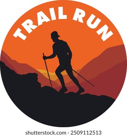 Man running with stick over the mountain - Ultra Trail running vector illustration

