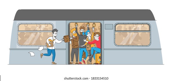 Man Running in Subway Platform to Crowded Train in Rushtime. Characters Pushing Each Other in Full Metro at Station in Peak Hour. City Traveling Transport Problem. Linear People Vector Illustration