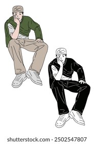 man running with a suitcase. hand drawn line art illustration.