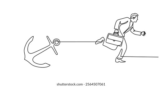 A man running with a suitcase tied to an anchor in continuous one line drawing. Symbolizing determination, obstacles, and perseverance. Vector illustration.