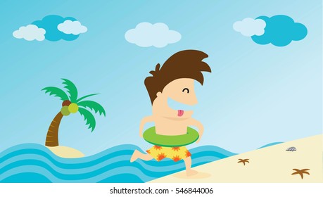 Man running to summer beach. Vector illustration.