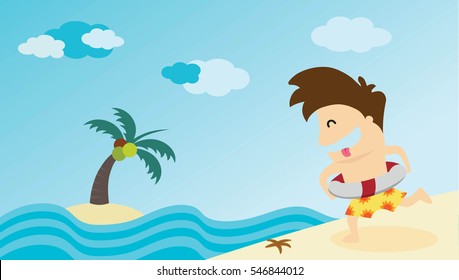 Man running to summer beach. Vector illustration.