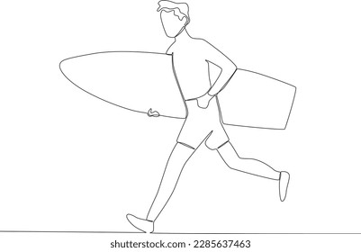 A man running with a surfboard. Surfing one-line drawing