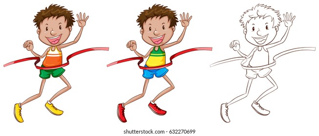 Man running through finished line in three sketches illustration