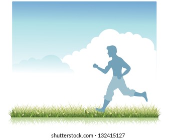 Man running through grass.  EPS 8 vector, grouped for easy editing. No open shapes or paths.