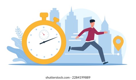 Man running through town, late for meeting. Modern carrying stressed character. Huge watch, speed run, hurry boy urban landscape on background. Cartoon flat illustration. Vector concept