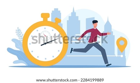 Man running through town, late for meeting. Modern carrying stressed character. Huge watch, speed run, hurry boy urban landscape on background. Cartoon flat illustration. Vector concept