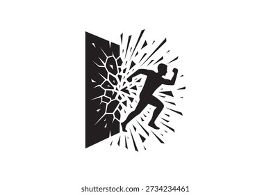 Man running through wall and shattering barrier silhouette - Powerful breakthrough concept with silhouette running man