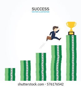 A man is running toward to the trophy at the tallest money post. Success Concept.