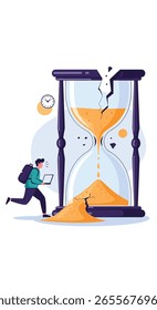 Man running towards broken hourglass with sand pouring out concept illustration for time management and deadline pressure