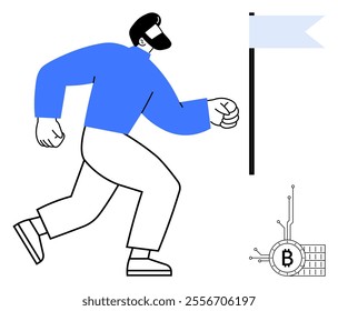 Man running towards a flag with a Bitcoin symbol nearby representing a goal. Ideal for finance, cryptocurrency, blockchain, motivation, and achievement themes. Minimalistic vector style is prominent