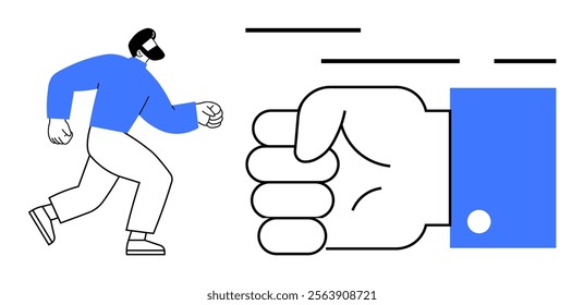 A man running towards a giant fist ready to punch. Ideal for themes like motivation, strength, determination, confrontation, and challenge. Simple lines and vibrant blue color