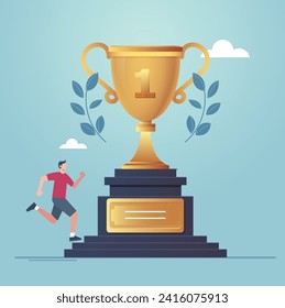 Man Running Towards a Giant Trophy Cup on Pedestal Illustrating. Vector Illustration.