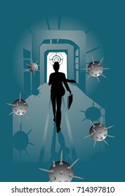 The man running towards the light at the end of the tunnel.  The business concept of finding the best solution.
