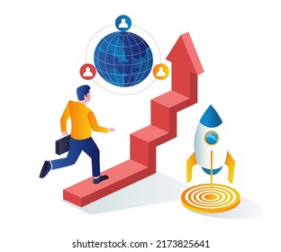Man running towards the top stairs isometric illustration