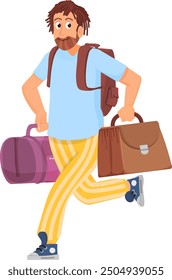 Man running with travel bags. Excited cartoon traveler