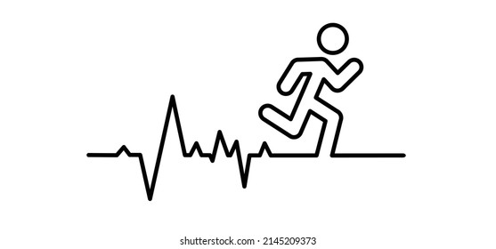 Man running the triathlon or marathon and line wave pattern. Fitness runner icon or symbol. Sportsman run silhouette. Cartoon vector sport jogger. Sportive jogging logo. ECG heartbeat line pulse.