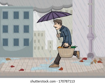 man running trough the rain on an autumn day, vector illustration