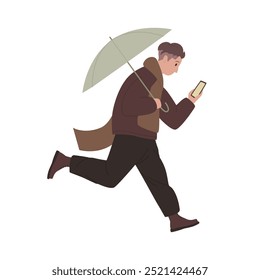 Hombre que corre con el paraguas, tipo que mira la Ilustración vectorial de la pantalla del teléfono móvil