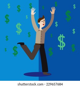 Man running under money rain vector illustration in flat style.