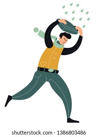Man running under rain hiding his head with bag. Dressed in warm clothes boy escaping from downpour. Rainy day in autumn season. Guy with scarf walking alone in rain. Flat cartoon vector illustration.