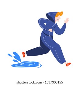 Man running under the rain stepping on puddles. Young sportsman trainning. Autumn season. Isolated flat vector illustration