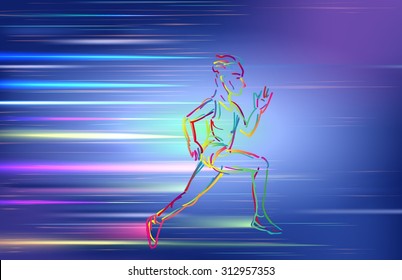 Man running, using colorful zigzag line on blue background. vector