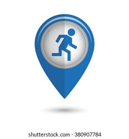 man running - vector icon;  blue map pointer