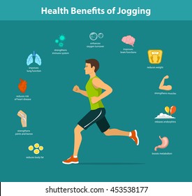 Man Running Vector Illustration. Benefits of Jogging Exercise infographics. Human Health Objects.