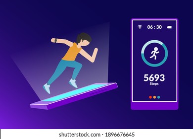 man running with wearable technology using an application on a smartphone, vector design